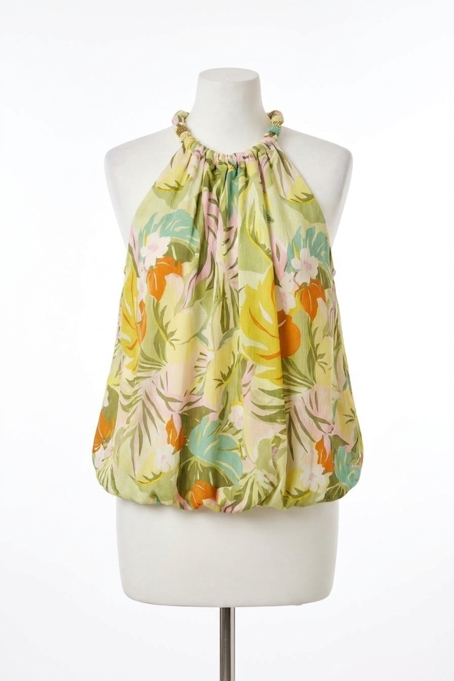 NEW TRIBAL polette printed bubble hem sleeveless blouse with braided neckline in